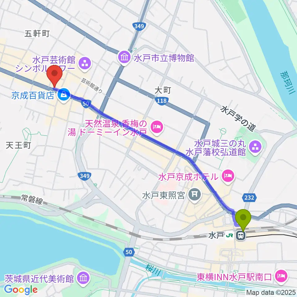 水戸駅からかわまた楽器店へのルートマップ地図