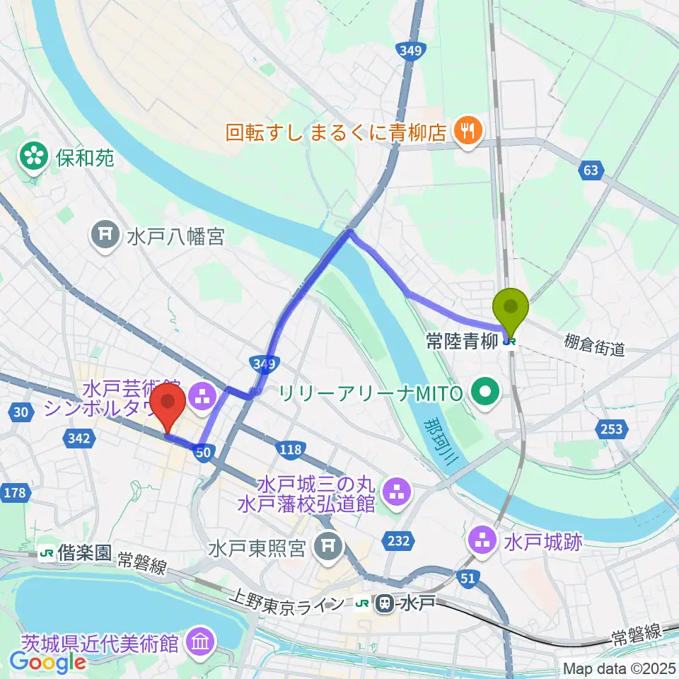 常陸青柳駅からかわまた楽器店へのルートマップ地図