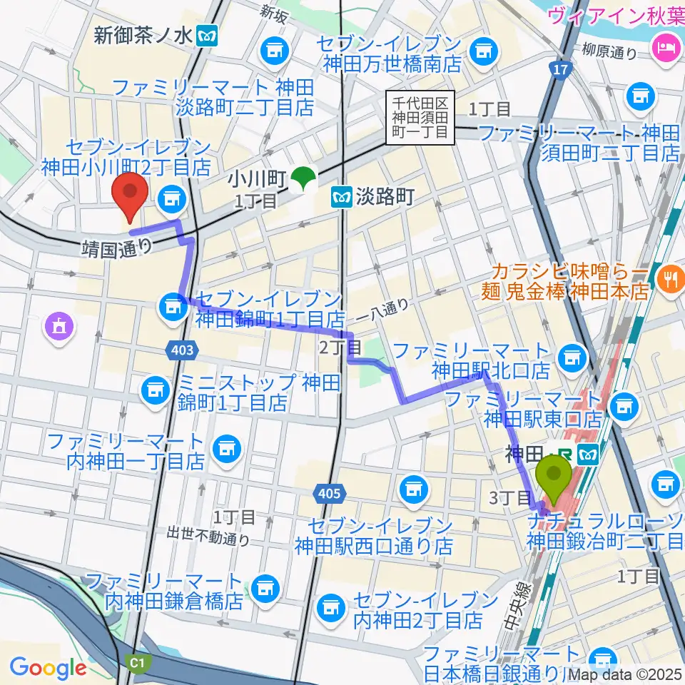 神田駅からカワセ楽器へのルートマップ地図