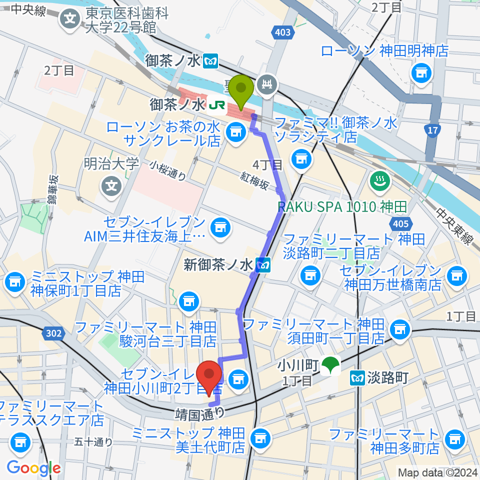 御茶ノ水駅からカワセ楽器へのルートマップ地図