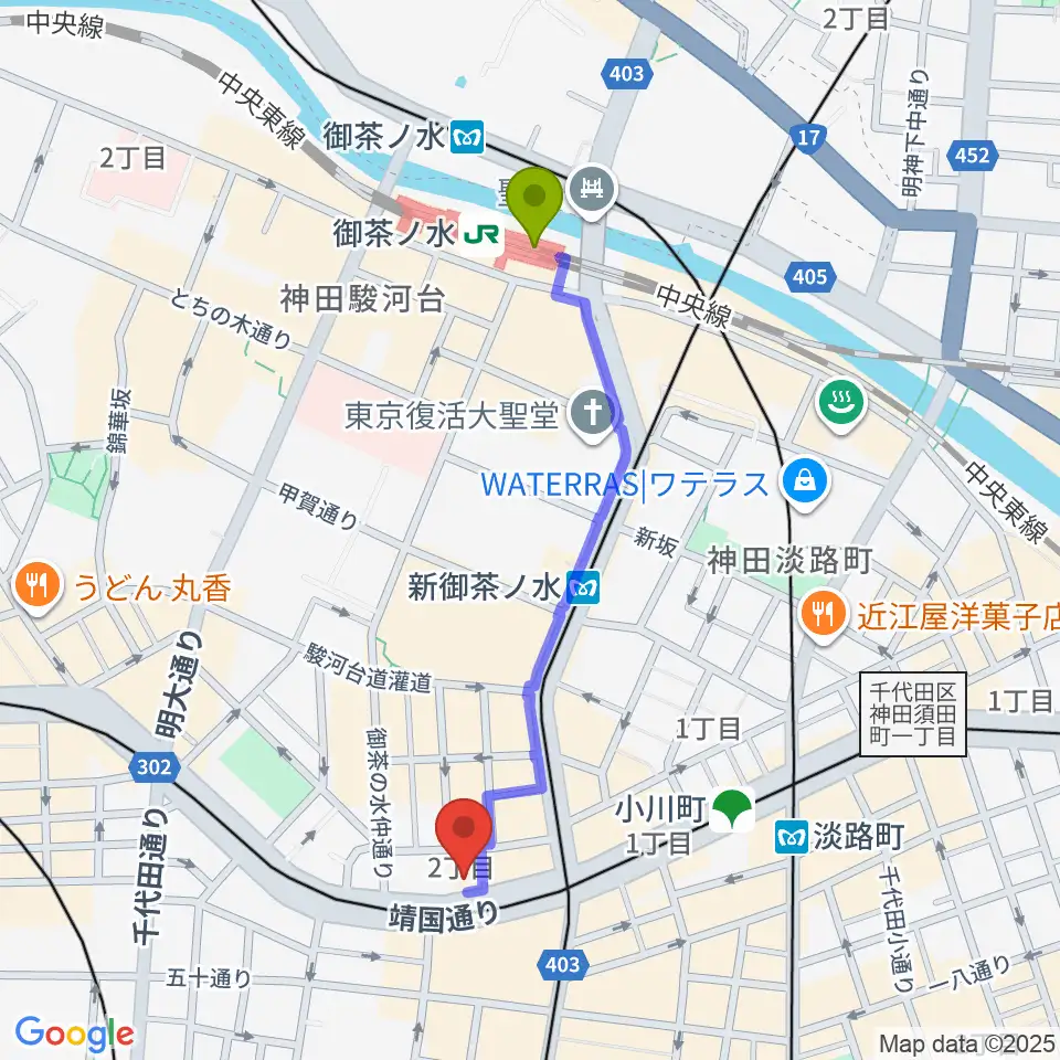 御茶ノ水駅からカワセ楽器へのルートマップ地図