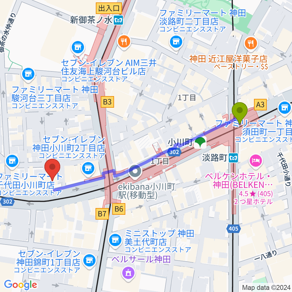 カワセ楽器の最寄駅淡路町駅からの徒歩ルート（約5分）地図