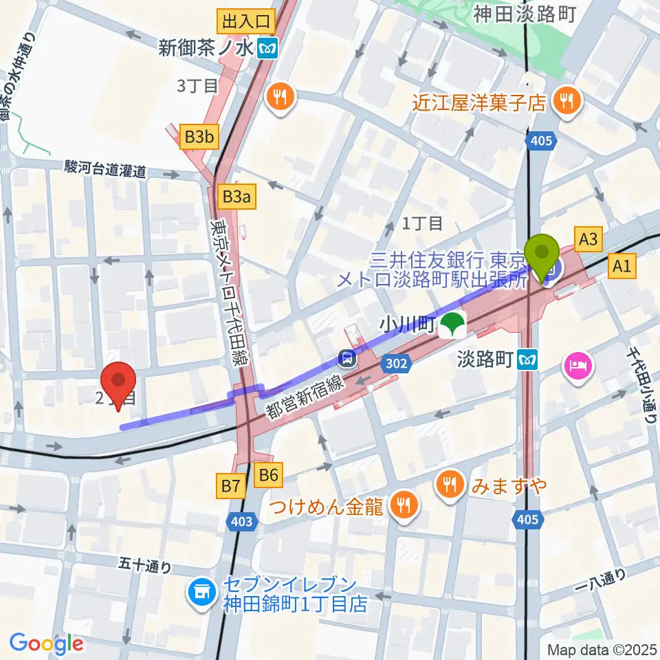 カワセ楽器の最寄駅淡路町駅からの徒歩ルート（約5分）地図