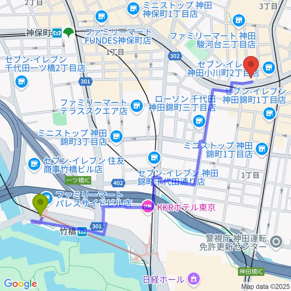 竹橋駅からカワセ楽器へのルートマップ地図