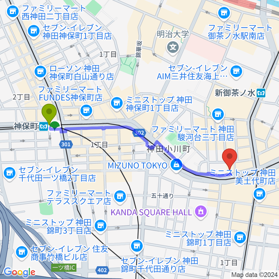 神保町駅からカワセ楽器へのルートマップ地図