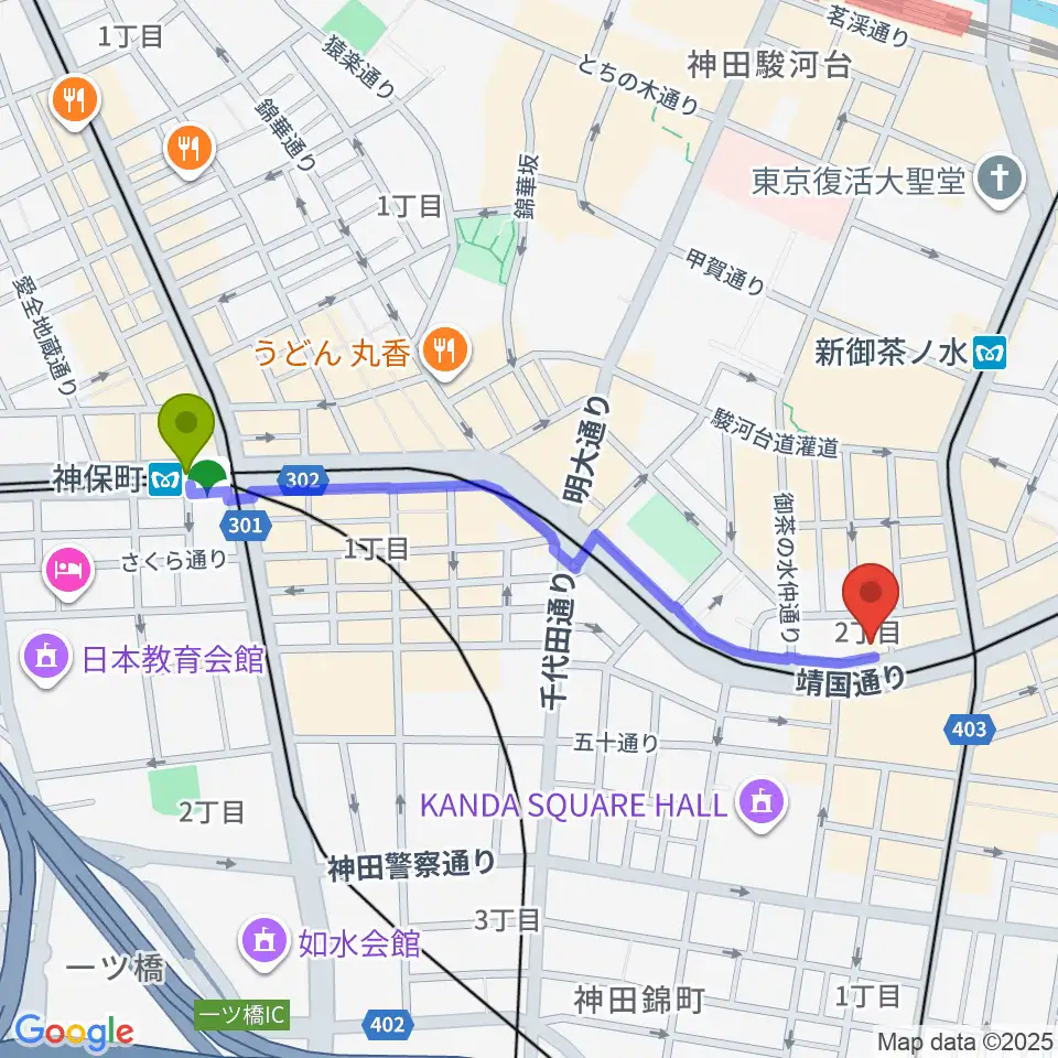 神保町駅からカワセ楽器へのルートマップ地図
