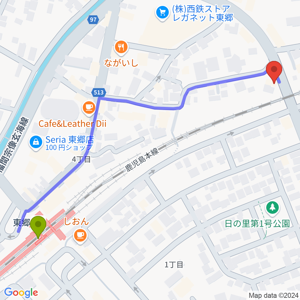 河島楽器店の最寄駅東郷駅からの徒歩ルート（約7分）地図