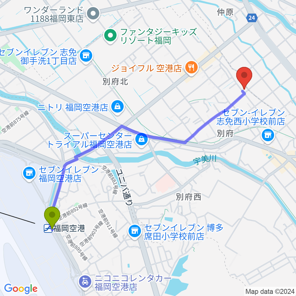 福岡空港駅から有限会社ピアノセンターへのルートマップ地図