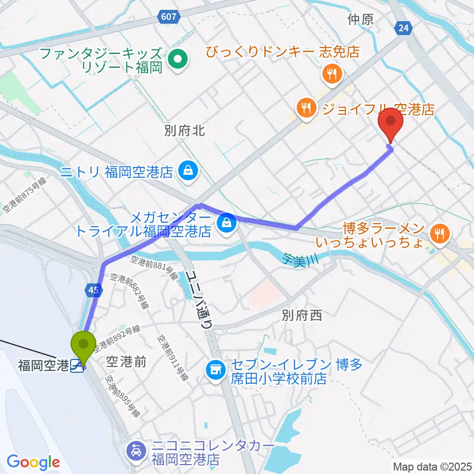 福岡空港駅から有限会社ピアノセンターへのルートマップ地図