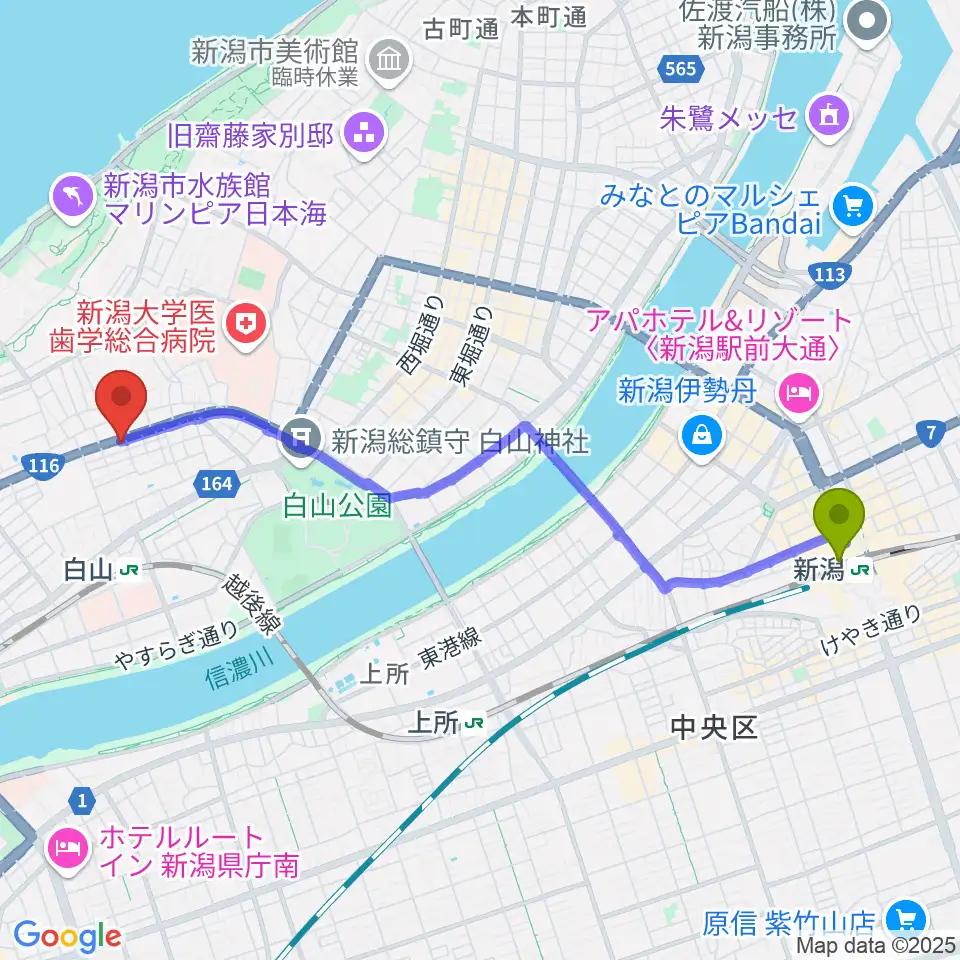新潟駅から大正琴 琴源へのルートマップ地図