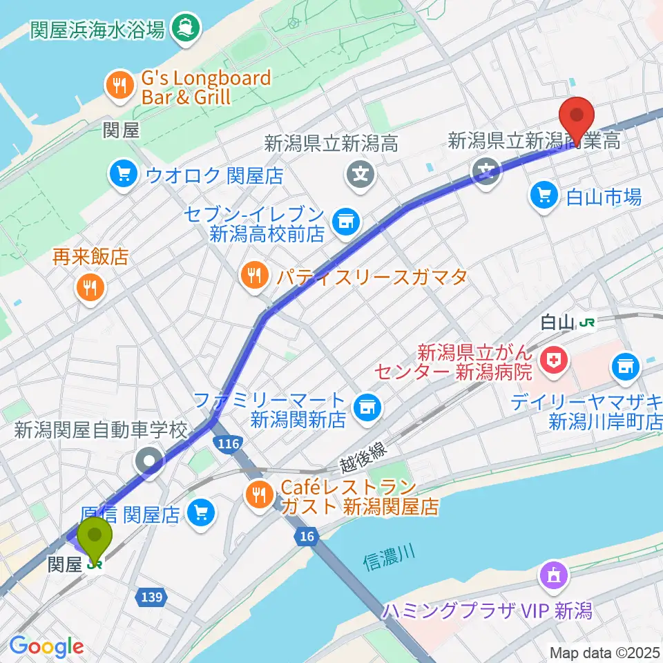 関屋駅から大正琴 琴源へのルートマップ地図