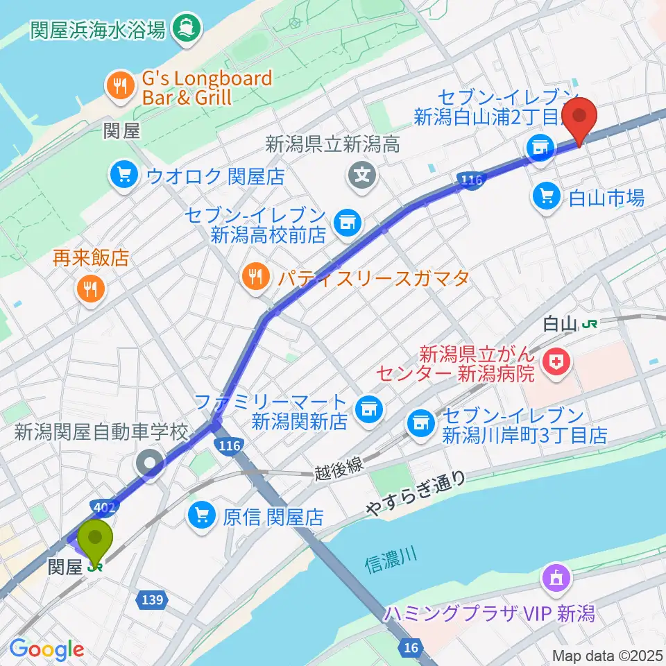 関屋駅から大正琴 琴源へのルートマップ地図