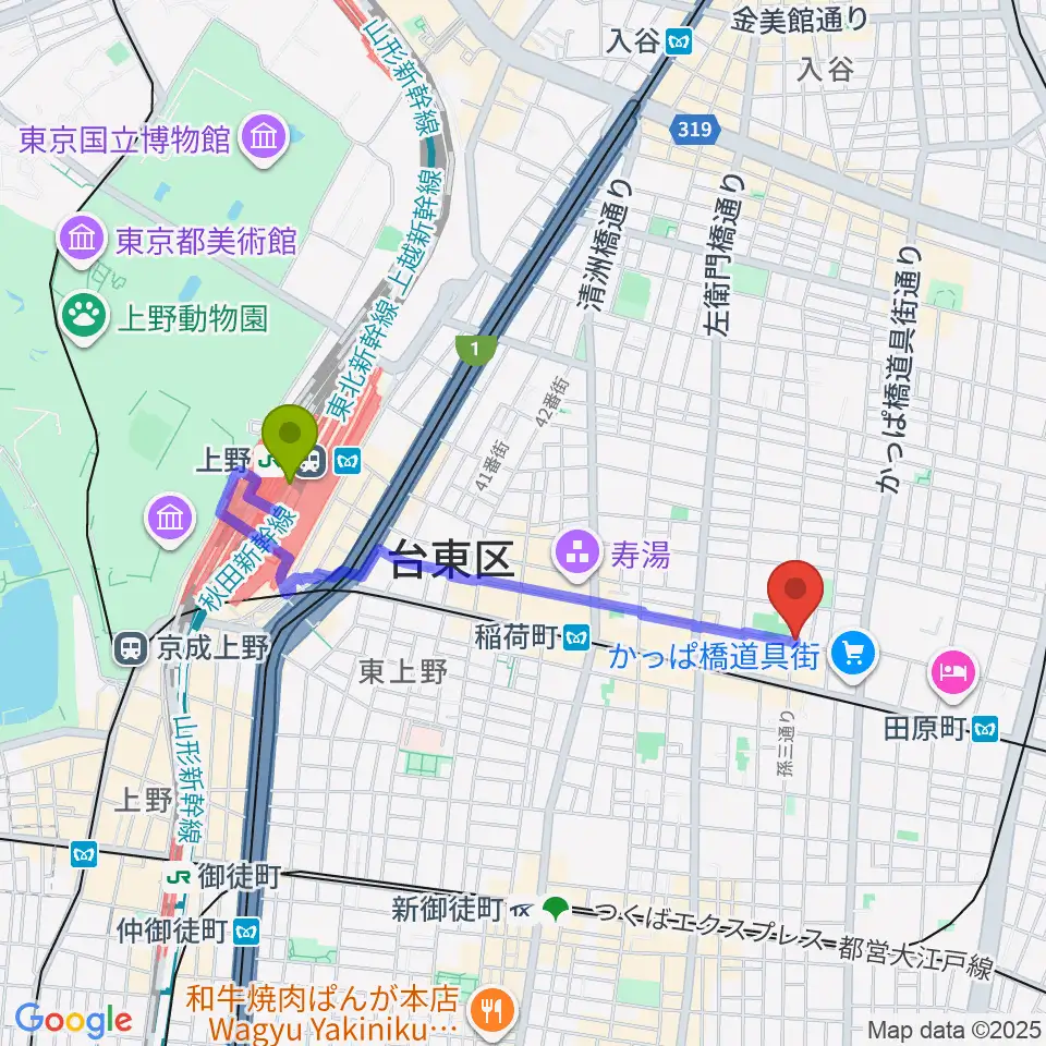 上野駅からKIWAYAウクレレへのルートマップ地図