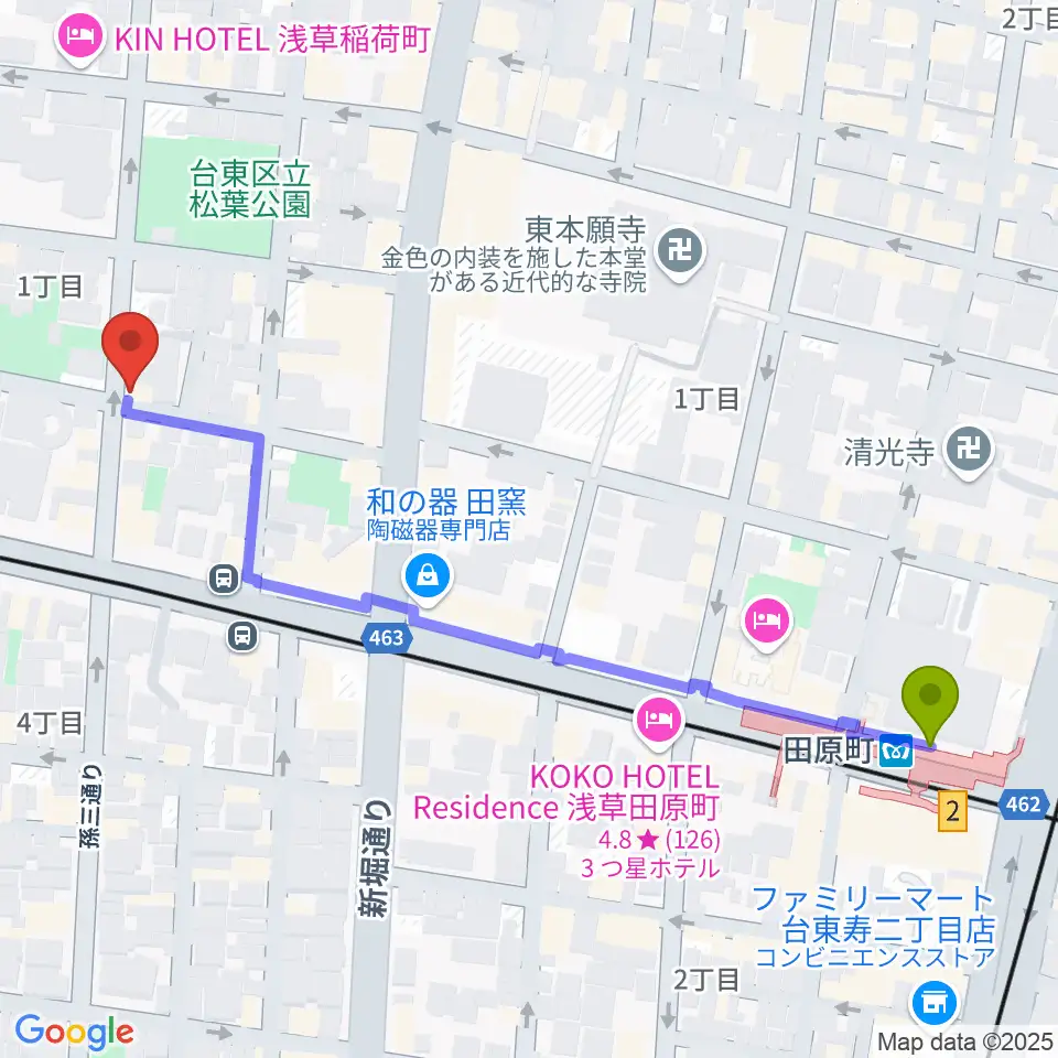 KIWAYAウクレレの最寄駅田原町駅からの徒歩ルート（約6分）地図