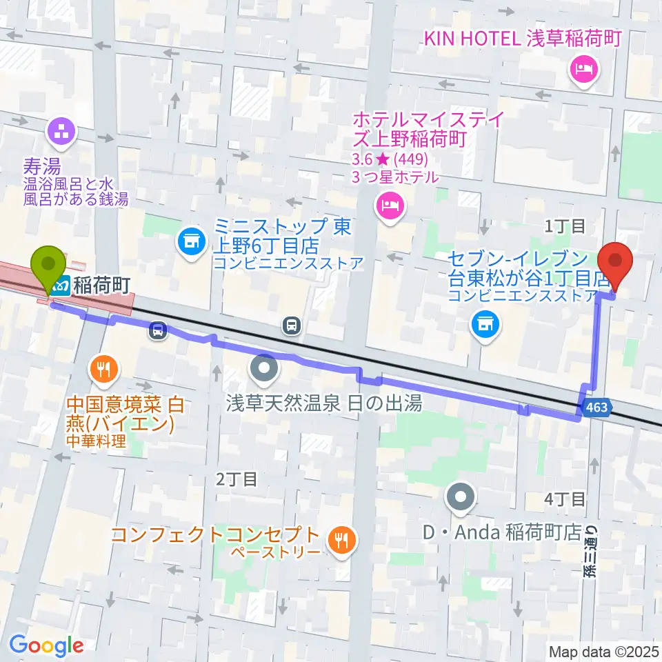 稲荷町駅からKIWAYAウクレレへのルートマップ地図