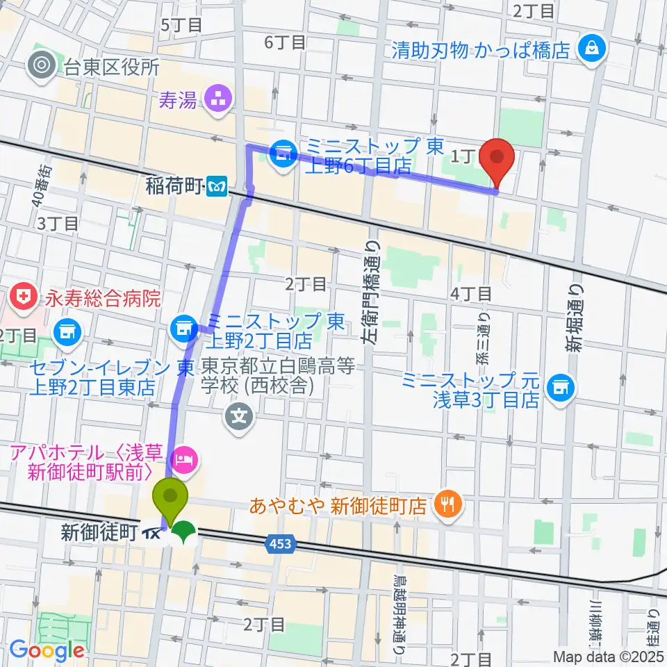 新御徒町駅からKIWAYAウクレレへのルートマップ地図