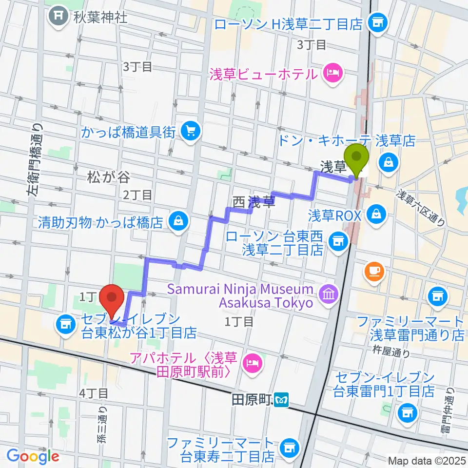 浅草駅からKIWAYAウクレレへのルートマップ地図