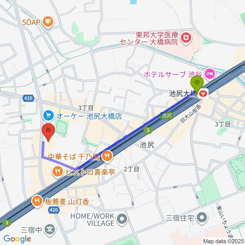 KMA楽器リペア工房の最寄駅池尻大橋駅からの徒歩ルート（約10分）地図
