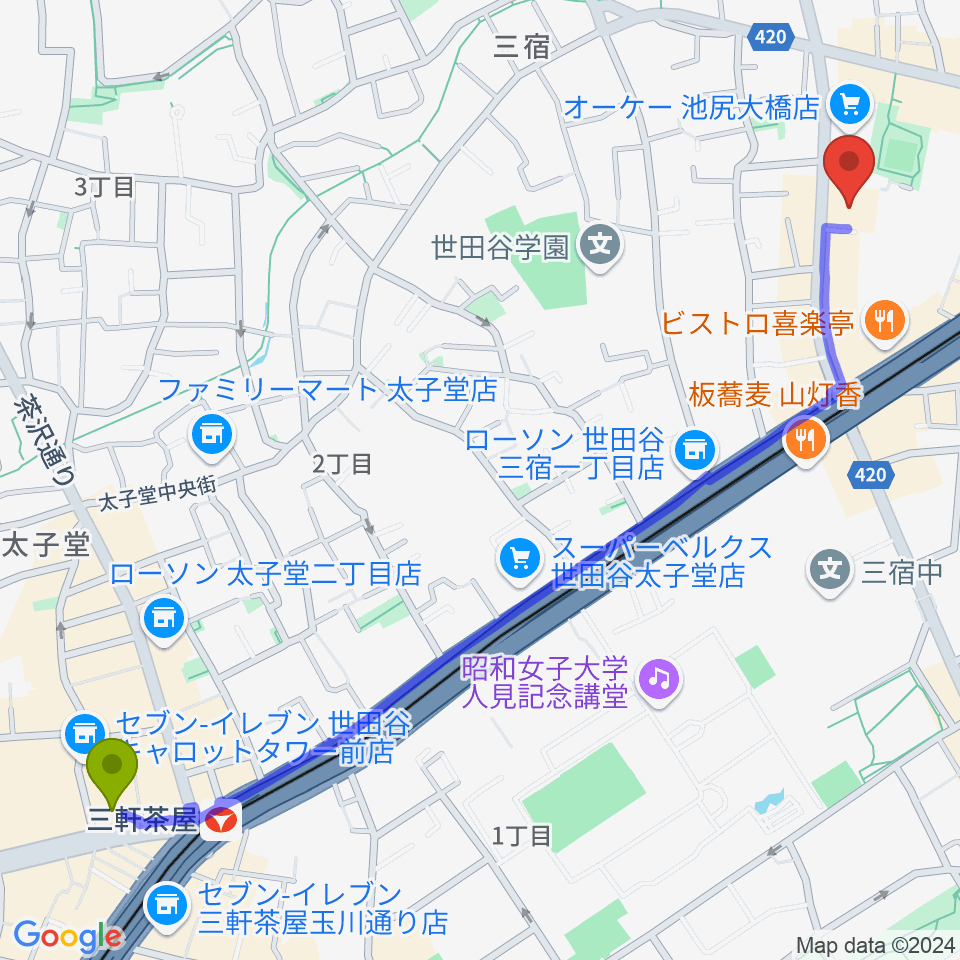 三軒茶屋駅からKMA楽器リペア工房へのルートマップ地図