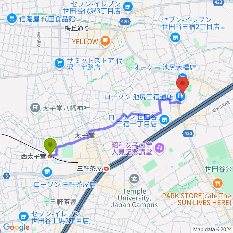 西太子堂駅からKMA楽器リペア工房へのルートマップ地図