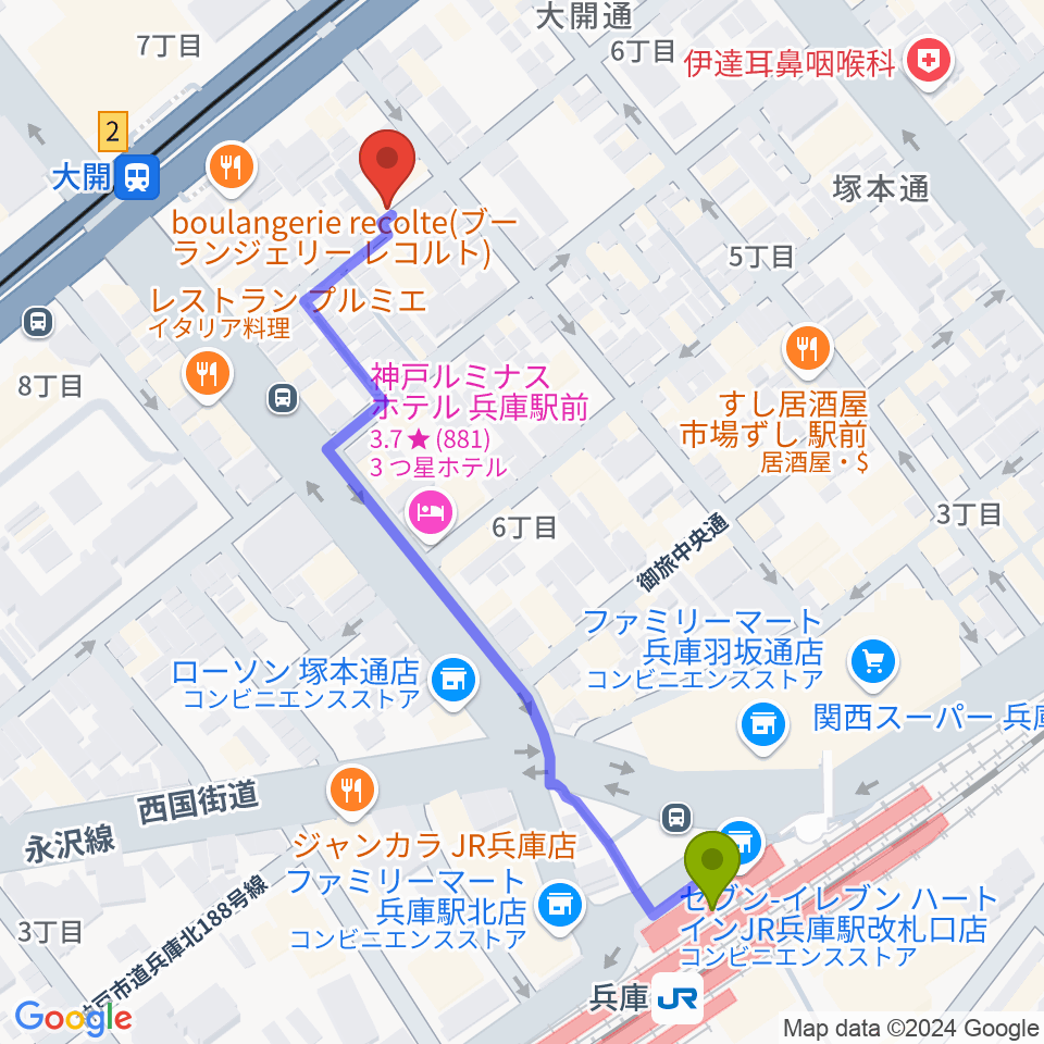 兵庫駅から三宅バイオリン工房へのルートマップ地図