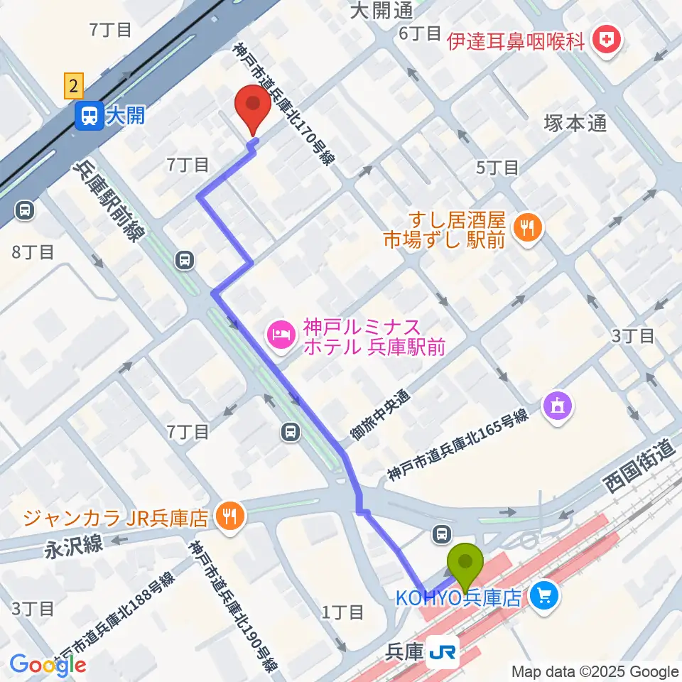 兵庫駅から三宅バイオリン工房へのルートマップ地図