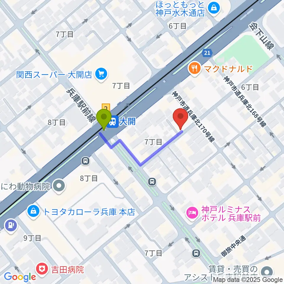三宅バイオリン工房の最寄駅大開駅からの徒歩ルート（約2分）地図