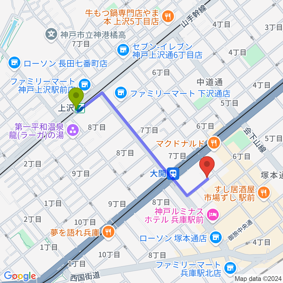 上沢駅から三宅バイオリン工房へのルートマップ地図