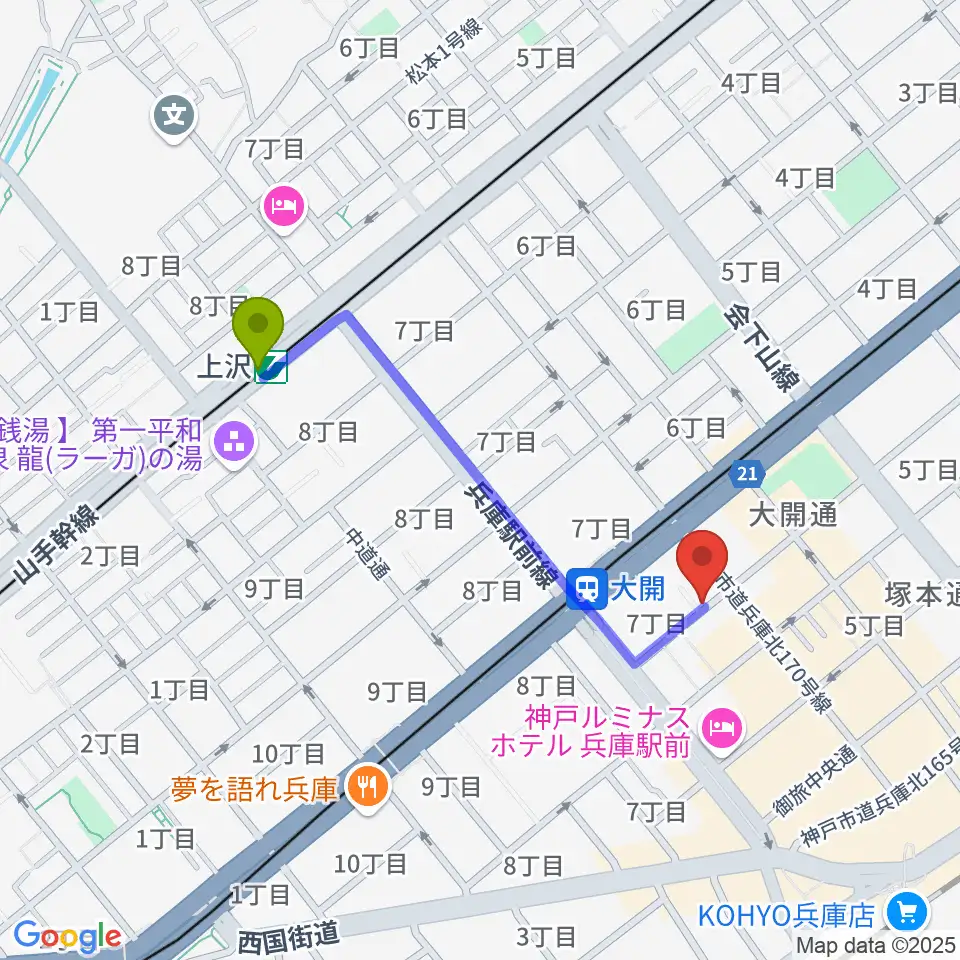 上沢駅から三宅バイオリン工房へのルートマップ地図