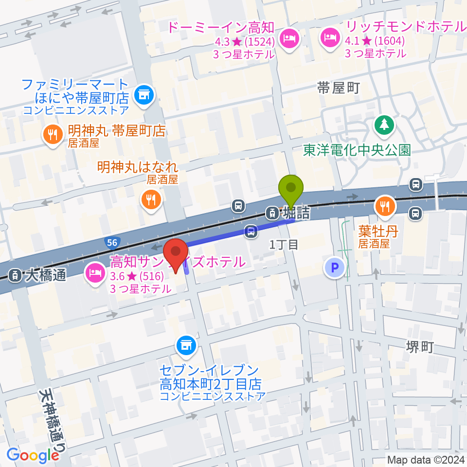 高知楽器の最寄駅堀詰駅からの徒歩ルート（約2分）地図