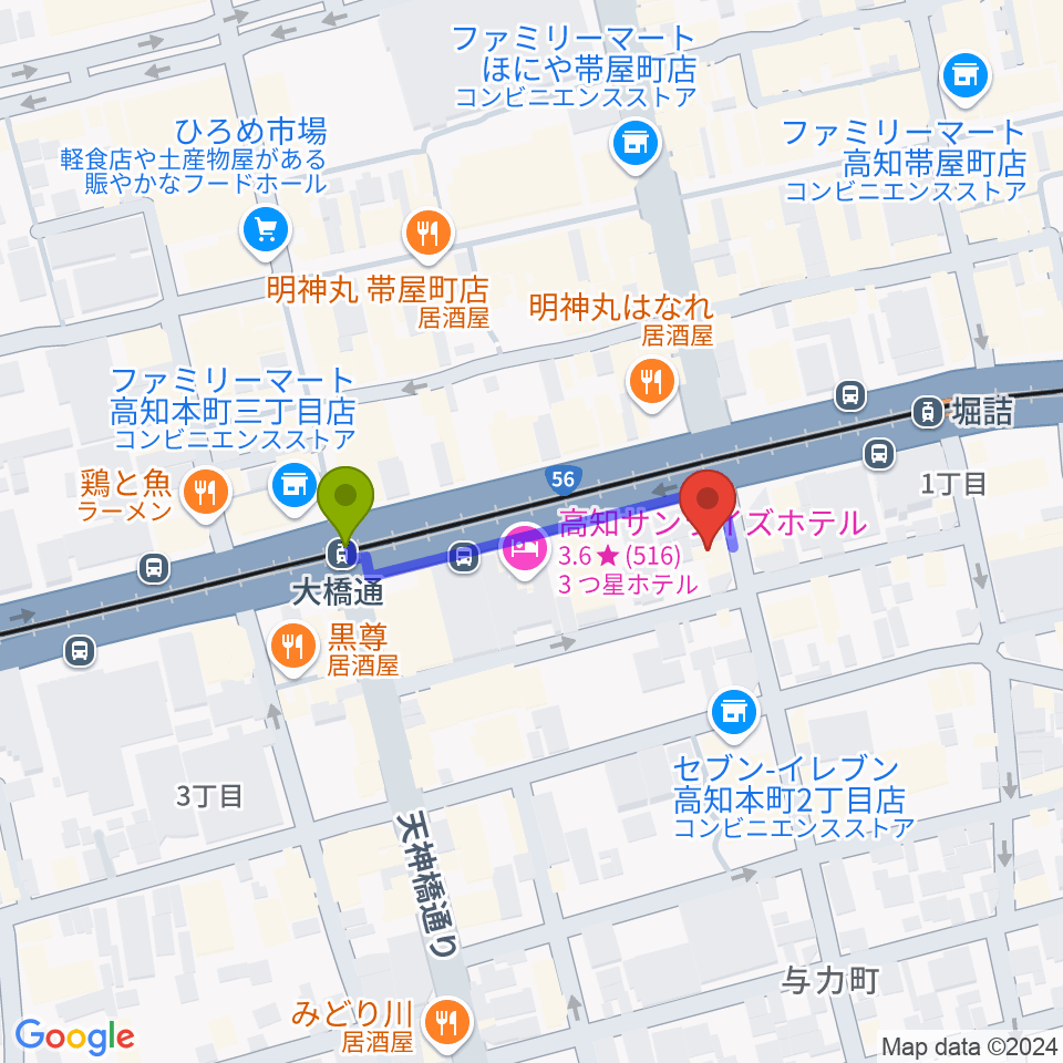 大橋通駅から高知楽器へのルートマップ地図