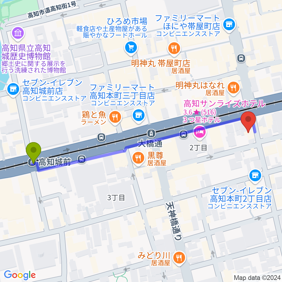 高知城前駅から高知楽器へのルートマップ地図