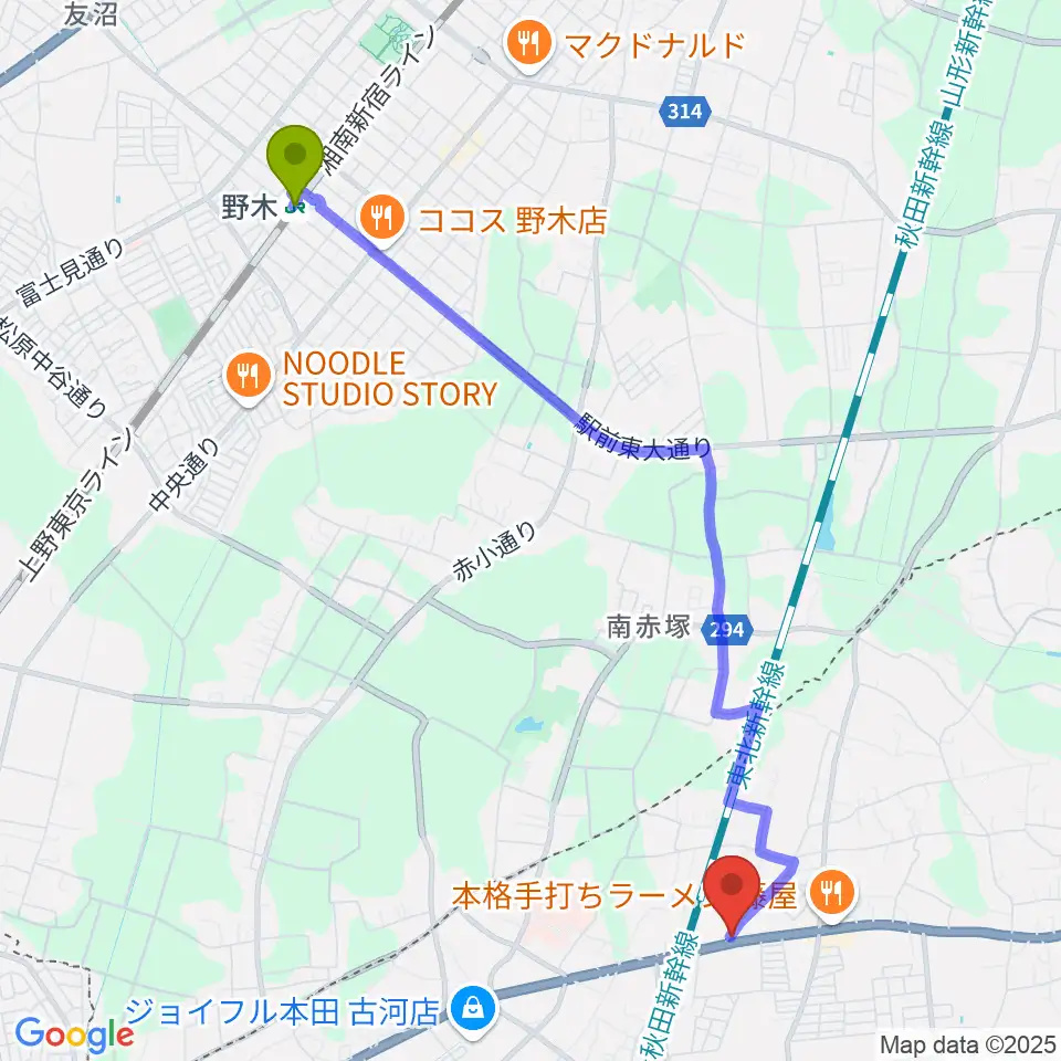 古河ピアノガーデンの最寄駅野木駅からの徒歩ルート（約49分）地図