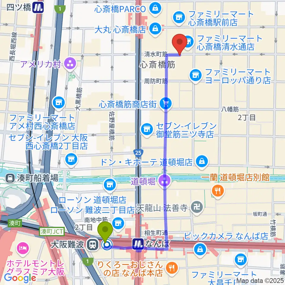 大阪難波駅から国際楽器社へのルートマップ地図