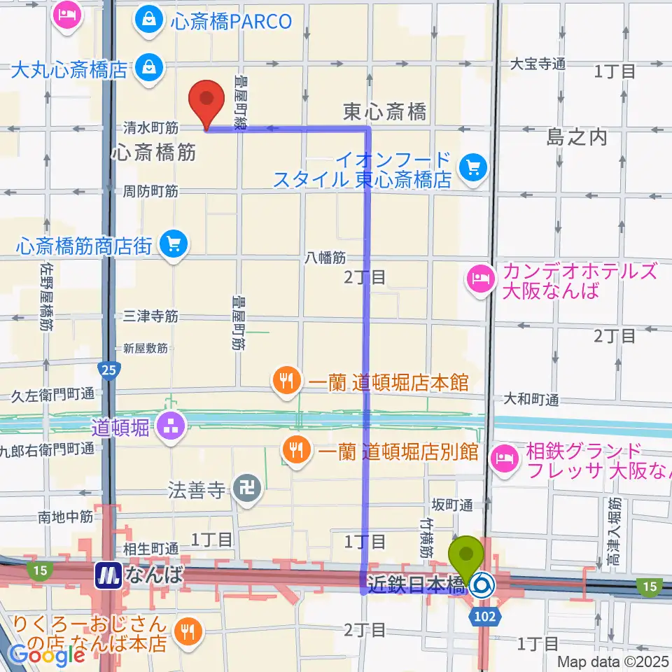 近鉄日本橋駅から国際楽器社へのルートマップ地図