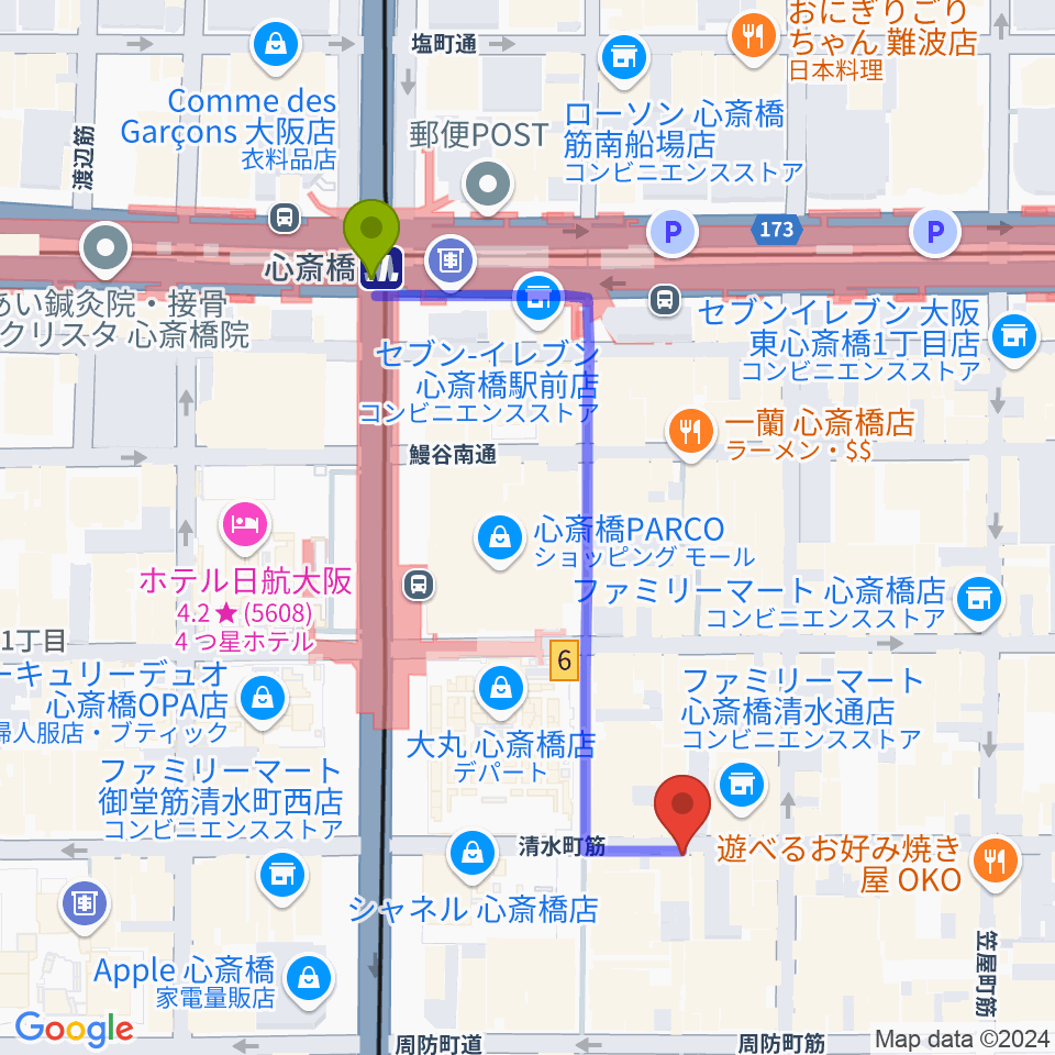 国際楽器社の最寄駅心斎橋駅からの徒歩ルート（約5分）地図