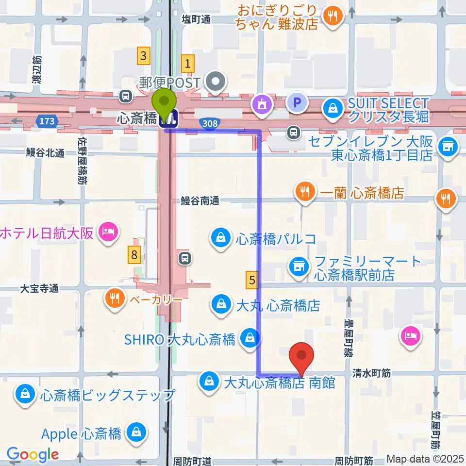 国際楽器社の最寄駅心斎橋駅からの徒歩ルート（約5分）地図