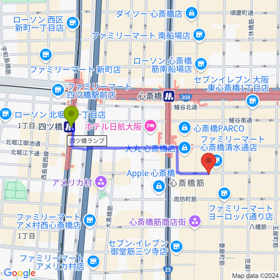 四ツ橋駅から国際楽器社へのルートマップ地図