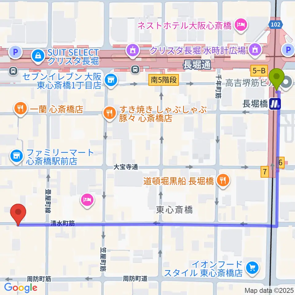 長堀橋駅から国際楽器社へのルートマップ地図
