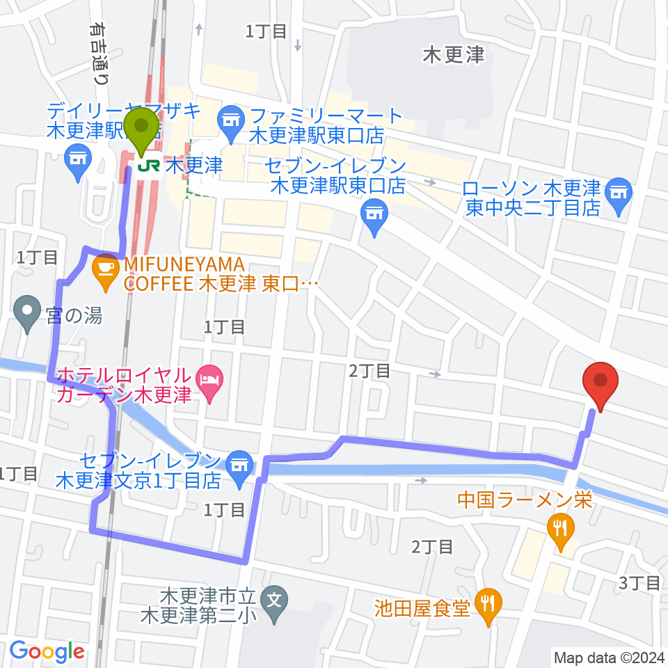 コンドー楽器 本店ショールームの最寄駅木更津駅からの徒歩ルート（約12分）地図
