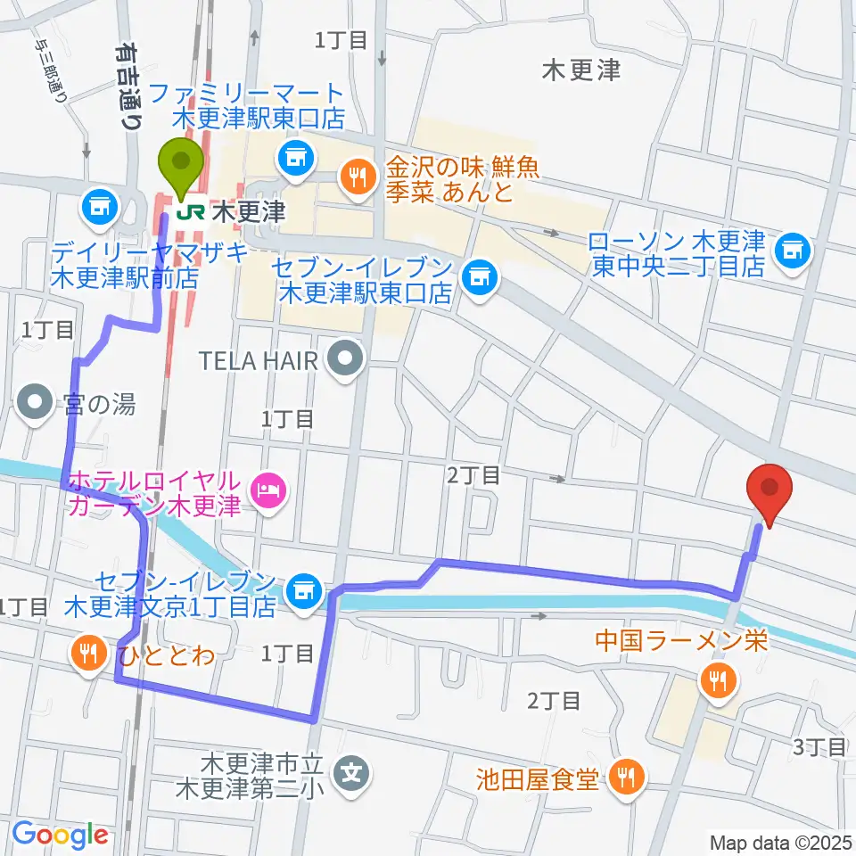 コンドー楽器 本店ショールームの最寄駅木更津駅からの徒歩ルート（約12分）地図