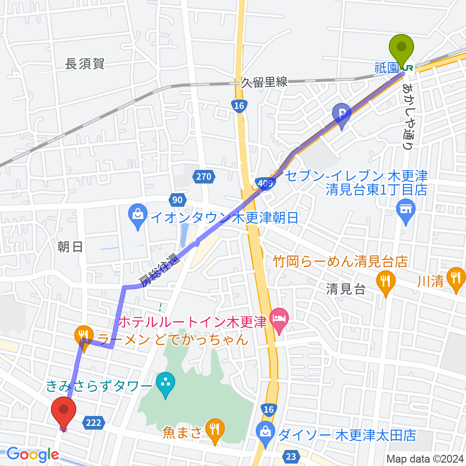 祇園駅からコンドー楽器 本店ショールームへのルートマップ地図