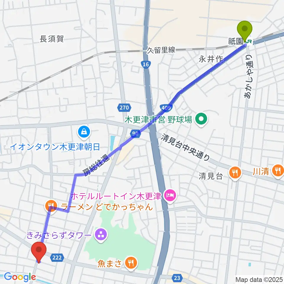 祇園駅からコンドー楽器 本店ショールームへのルートマップ地図