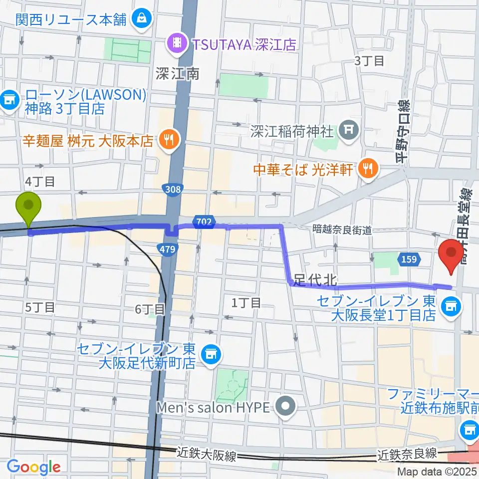 新深江駅から小阪楽器店 布施本店へのルートマップ地図
