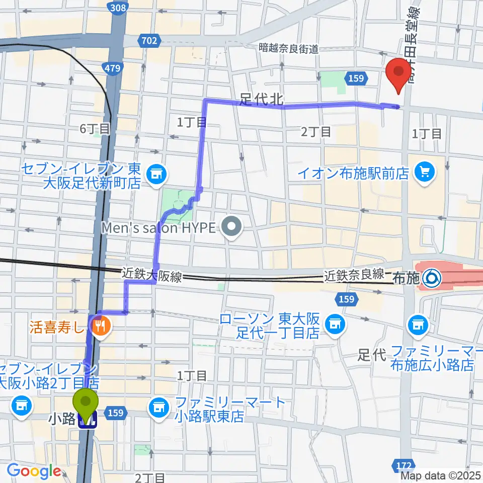 小路駅から小阪楽器店 布施本店へのルートマップ地図