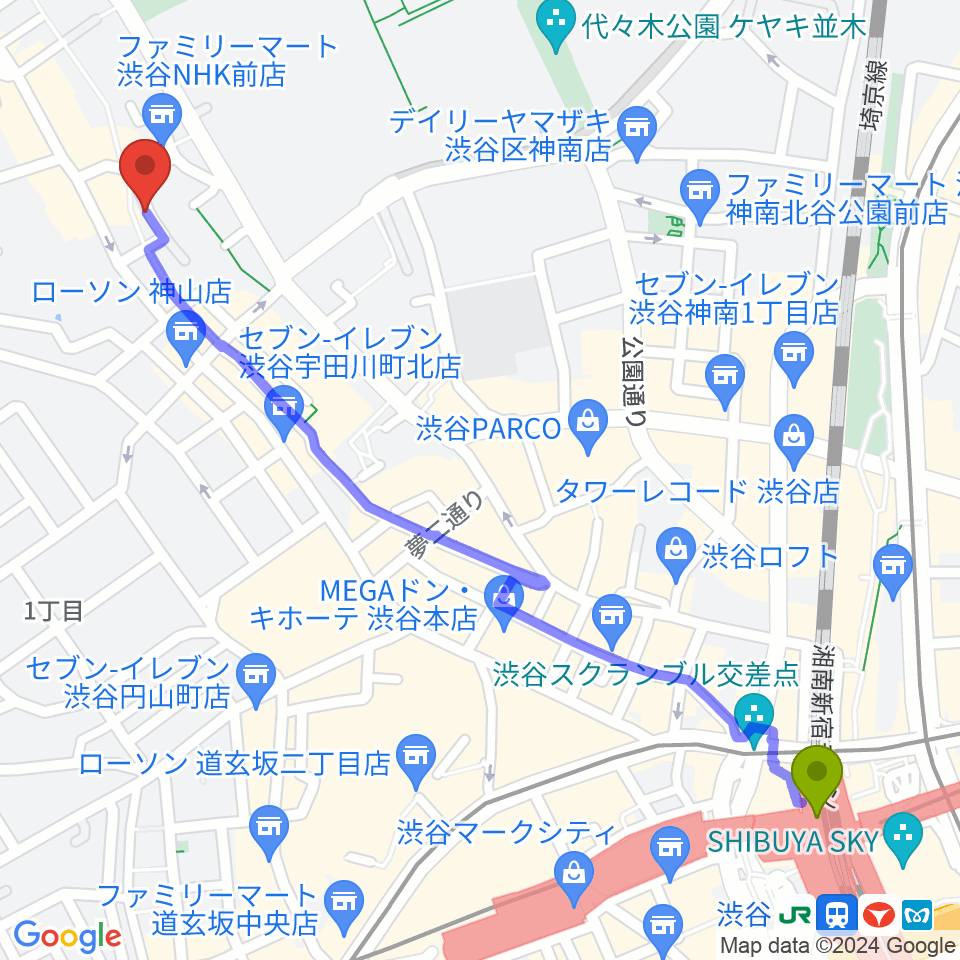 渋谷駅から三田村楽器店へのルートマップ地図