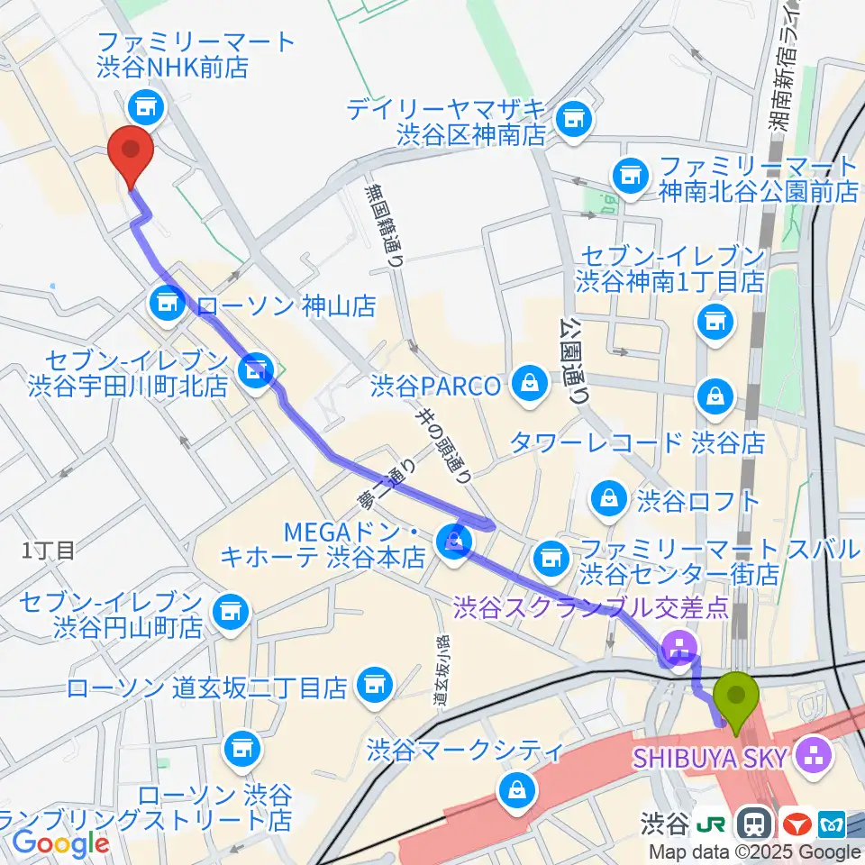 渋谷駅から三田村楽器店へのルートマップ地図