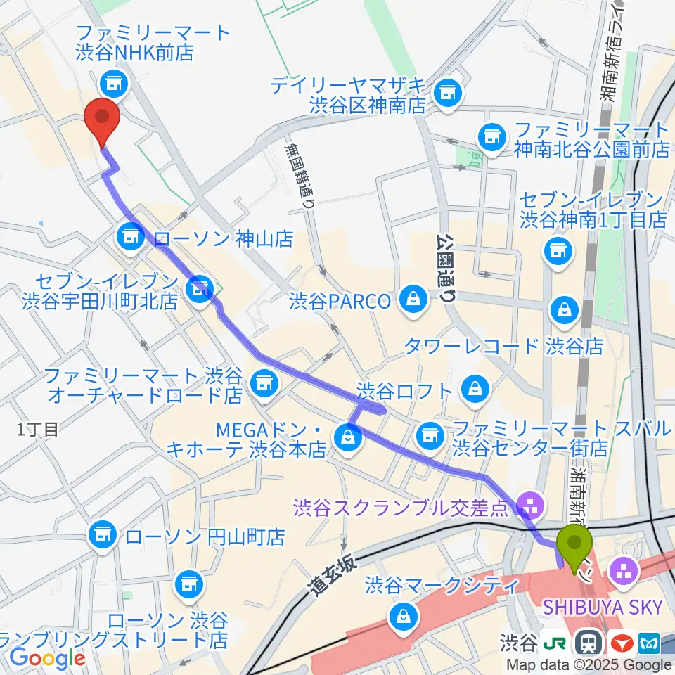 渋谷駅から三田村楽器店へのルートマップ地図