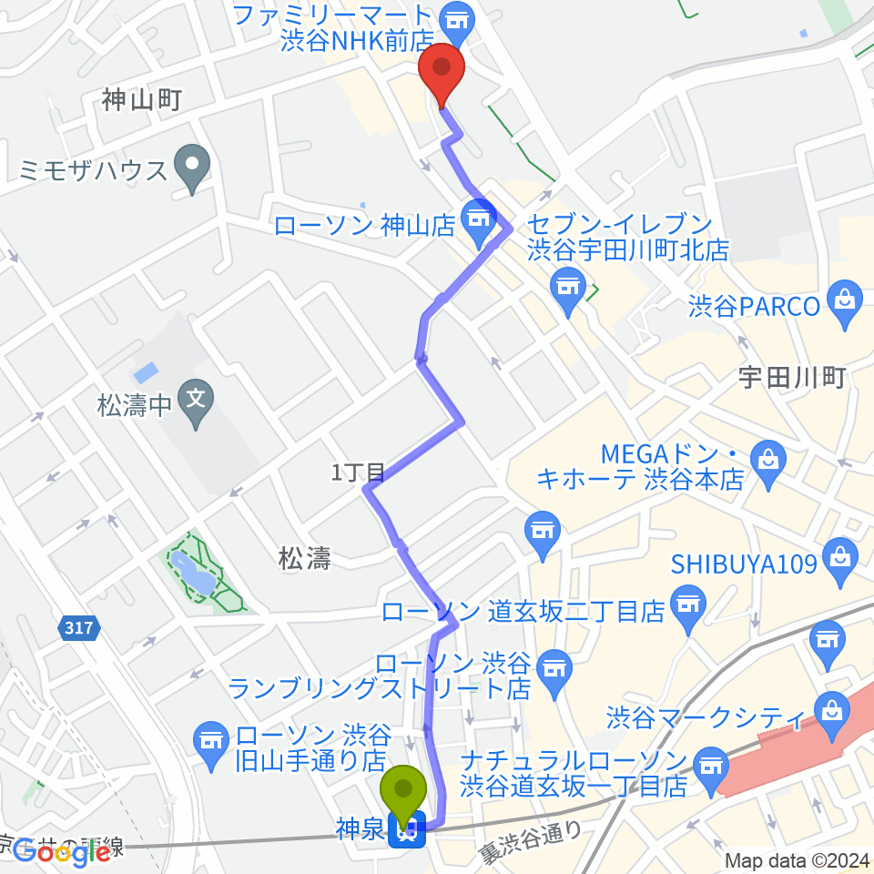 三田村楽器店の最寄駅神泉駅からの徒歩ルート（約13分）地図