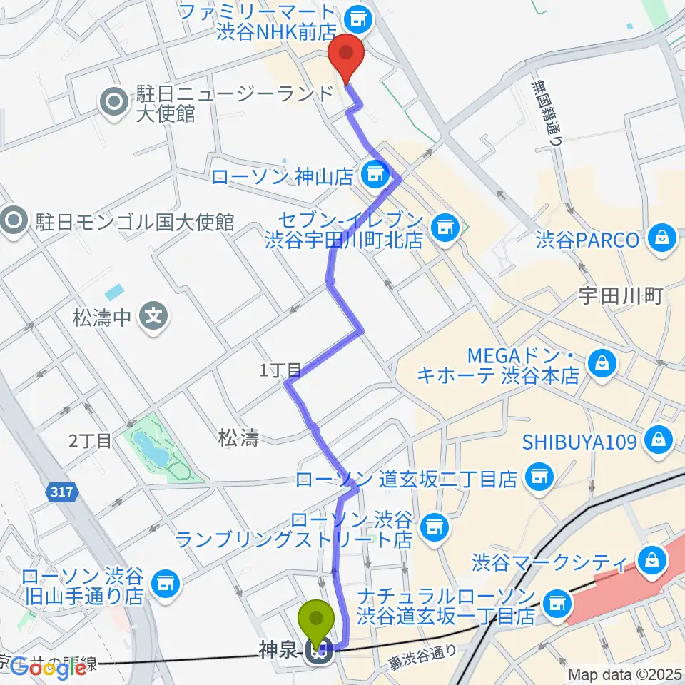 三田村楽器店の最寄駅神泉駅からの徒歩ルート（約13分）地図